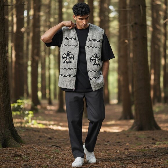 Handmade Cowichan Wool Vest with Eagles - Vintage - Men’s XL - Picture 2 of 12